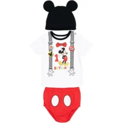 Disney Mickey Mouse 1st Birthday Cosplay Graphic T-Shirt Diaper Cover And Hat 3 Piece Outfit Set White/Red