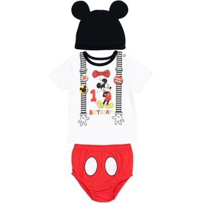 Disney Mickey Mouse 1st Birthday Cosplay Graphic T-Shirt Diaper Cover And Hat 3 Piece Outfit Set White/Red