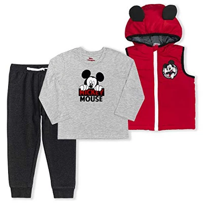 Disney Boy's 3-Pack Mickey Mouse Long Sleeve Graphic Tee, 3D Hoodie Vest And Jogger Pant Set For Toddler - Image 4
