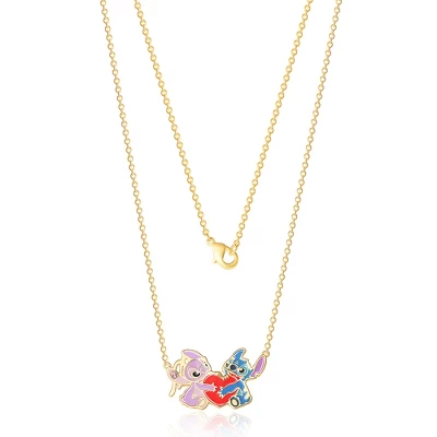 Disney Lilo And Stitch Yellow Gold Plated Stitch And Angel Enamel Heart Necklace - 18'' Chain, Officially Licensed - Image 2