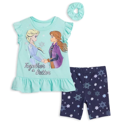 Disney Frozen Minnie Mouse Little Mermaid Elsa Princess Anna Peplum T-Shirt Shorts & Scrunchie 3 Pc Set Infant To Big Kid - Image 12