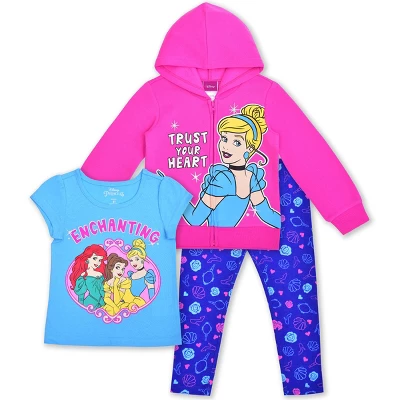 Disney Princess Girl's 3 Pack Enchanting Graphic Tee Shirt, Zip Up Hoodie Jacket And Legging Pant Set For Kids - Image 7