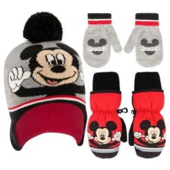 Disney Mickey Mouse Beanie Hat And 2 Pack (Ski And Knit) Mitten Set, Toddler Boys Age 2-4