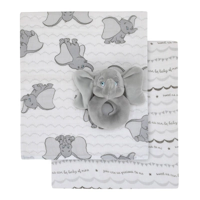 Disney Dumbo 100% Cotton Muslin Swaddles With Plush Rattle - 2pk