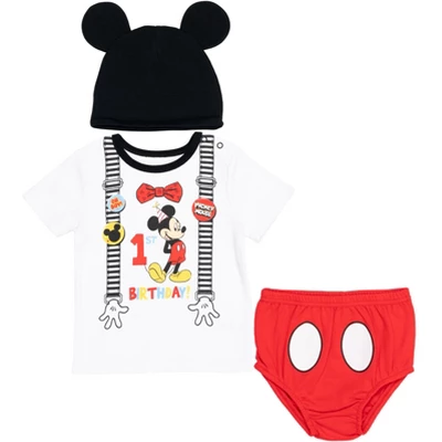 Disney Mickey Mouse 1st Birthday Cosplay Graphic T-Shirt Diaper Cover And Hat 3 Piece Outfit Set White/Red - Image 8