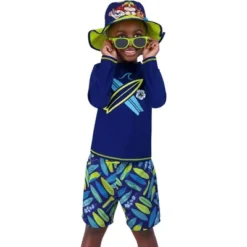 Disney Mickey Mouse/Paw Patrol Boy's 4-Piece Kids Set, Long Sleeves Rash Guard Swim Shorts, Sunglasses & Bucket Hat (Ages 3-8)