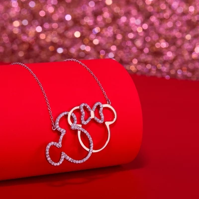 Disney Women's Mickey And Minnie Mouse Sterling Silver Interlocking Necklace, 18" - Image 2