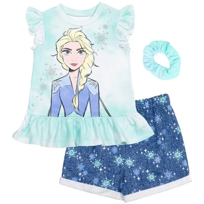 Disney Frozen Minnie Mouse Little Mermaid Elsa Princess Anna Peplum T-Shirt Shorts & Scrunchie 3 Pc Set Infant To Big Kid - Image 13