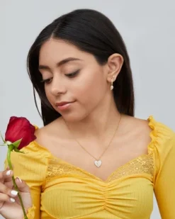 Disney Princess Beauty And The Beast Yellow Gold Plated Sterling Silver Cubic Zirconia Belle Rose Pendant Necklace, Officially Licensed