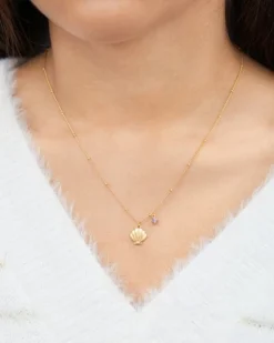 Disney The Little Mermaid Womens Sterling Silver Yellow Gold Plated Shell Necklace With Purple Cubic Zirconia Charm, 16 + 2"