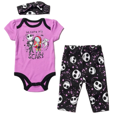 Disney Nightmare Before Christmas Zero Sally Jack Skellington Baby Girls Bodysuit Pants And Headband 3 Piece Outfit Set Newborn To Infant - Image 8