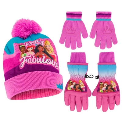 Disney Princess Girls Winter Hat With Knit And Insulated Ski Glove Set, Kids Ages 4-7