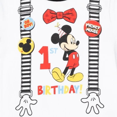 Disney Mickey Mouse 1st Birthday Cosplay Graphic T-Shirt Diaper Cover And Hat 3 Piece Outfit Set White/Red - Image 5