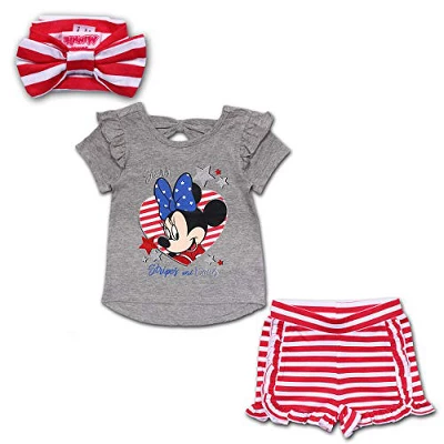 Disney Girl's 3-Pack Stars Stripes And Bows Minnie Mouse Glitter Graphic Tee, Ruffle Shorts And Fabric Headband Set For Toddler - Image 4