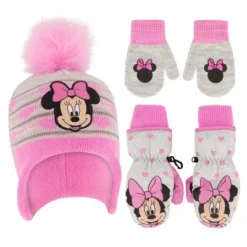 Disney Minnie Mouse Girls Winter Hat With Knit And Insulated Ski Mittens Set, Toddlers Ages 2-4