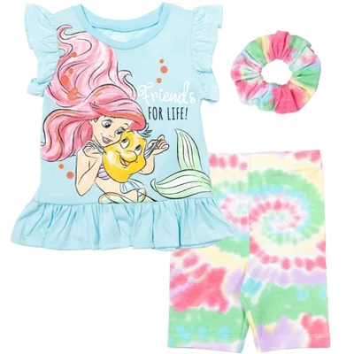 Disney Frozen Minnie Mouse Little Mermaid Elsa Princess Anna Peplum T-Shirt Shorts & Scrunchie 3 Pc Set Infant To Big Kid - Image 11