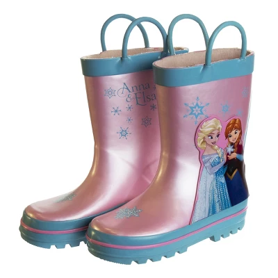 Disney Frozen Elsa Anna Princess Rubber Rainboots - Waterproof Lightweight Easy On With Easy Pull Handles - Pink / Blue (7-1 Toddler / Little Kid / Big Kid) - Image 2