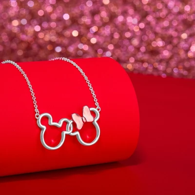 Disney Women's Mickey And Minnie Mouse Silver Plated Pendant Necklace, 18" - Image 4