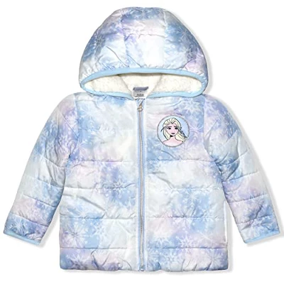Disney Girl's Frozen Hooded Puffer Jacket, Zip Up Hoodie With Soft Interior For Toddler - Image 4