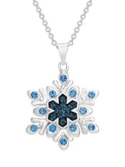 Disney Womens Frozen II Silver Plated Frozen Necklace With Blue Crystal And Glitter Snowflake Pendant Jewelry
