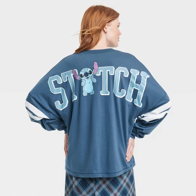 Disney Women's Stitch Collegiate Long Sleeve Jersey Graphic T-Shirt - Blue