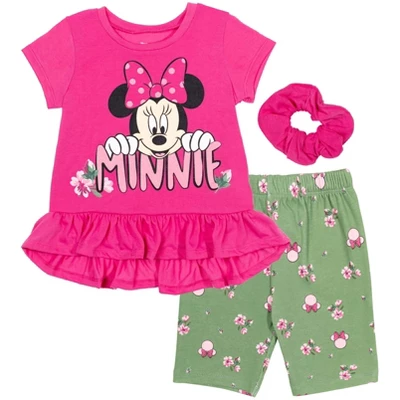 Disney Frozen Minnie Mouse Little Mermaid Elsa Princess Anna Peplum T-Shirt Shorts & Scrunchie 3 Pc Set Infant To Big Kid - Image 9