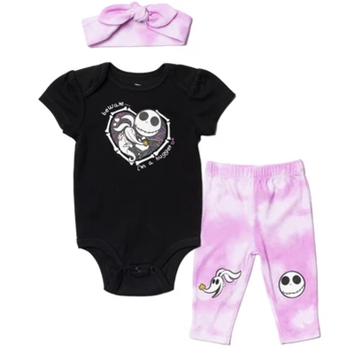 Disney Nightmare Before Christmas Zero Sally Jack Skellington Baby Girls Bodysuit Pants And Headband 3 Piece Outfit Set Newborn To Infant - Image 9