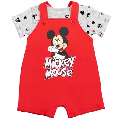 Disney Mickey Mouse Baby French Terry Short Overalls T-Shirt And Hat 3 Piece Outfit Set Newborn To Infant - Image 2
